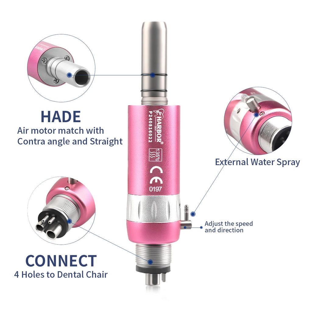 Single-Piece Low Speed Dental Handpiece Options, Straight Nose or Contra Angle Attachments and 2 or 4 Hole Air Motors in Six Color Selections