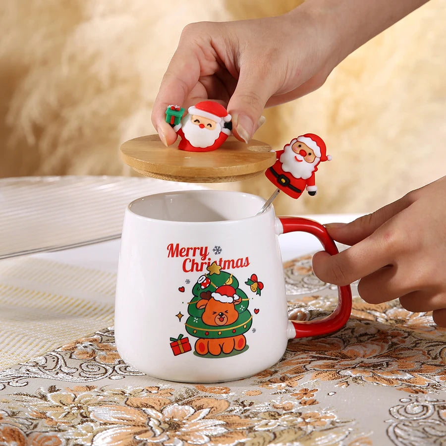 Christmas Ceramic Coffee Mug with Lid, Spoon and Gift Box, 400ml Holiday Cup in Santa Claus, Snowman, Christmas Gift or Christmas Deer Designs