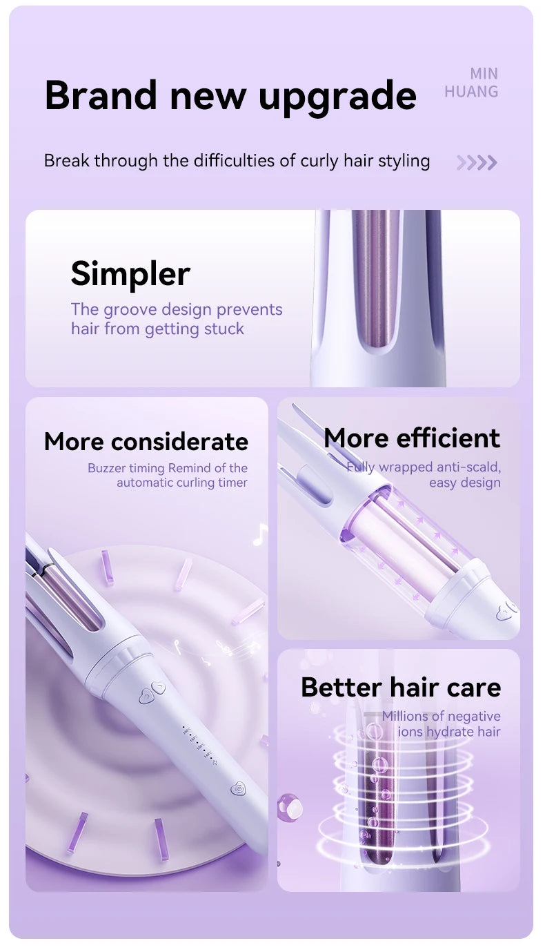 32mm Automatic Curling Iron with Four Listed Heat Settings, PTC Heating and Ceramic Wand Reference in Pink, Purple or Beige with Plug and Box Options