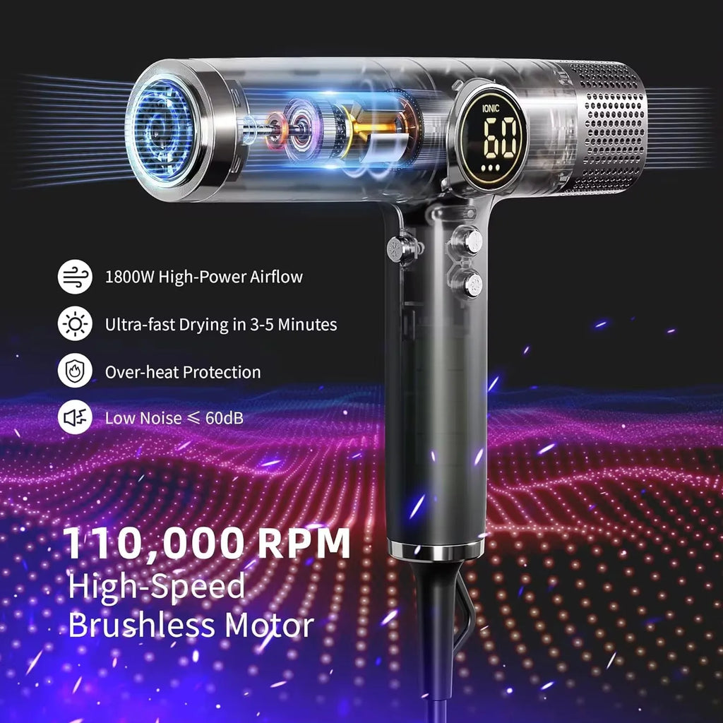 Ionic Hair Dryer with 110000 RPM Brushless Motor, Black High-Speed Blow Dryer with Thermo-Control and Low-Noise Design for Home Use, US or EU Plug