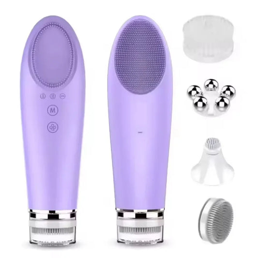 Heated Facial Cleansing Brush with USB Charging and Three Mode References, Silicone, Bristle and Rolling Head Descriptions with Three Single-Piece Option Labels