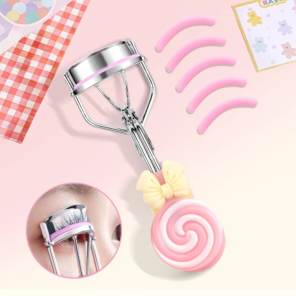 Lollipop Handle Eyelash Curler for Beginner Makeup Routines, Pink or Yellow Lash Curling Tool with Replaceable Strip Design and 1/6/16pcs Options