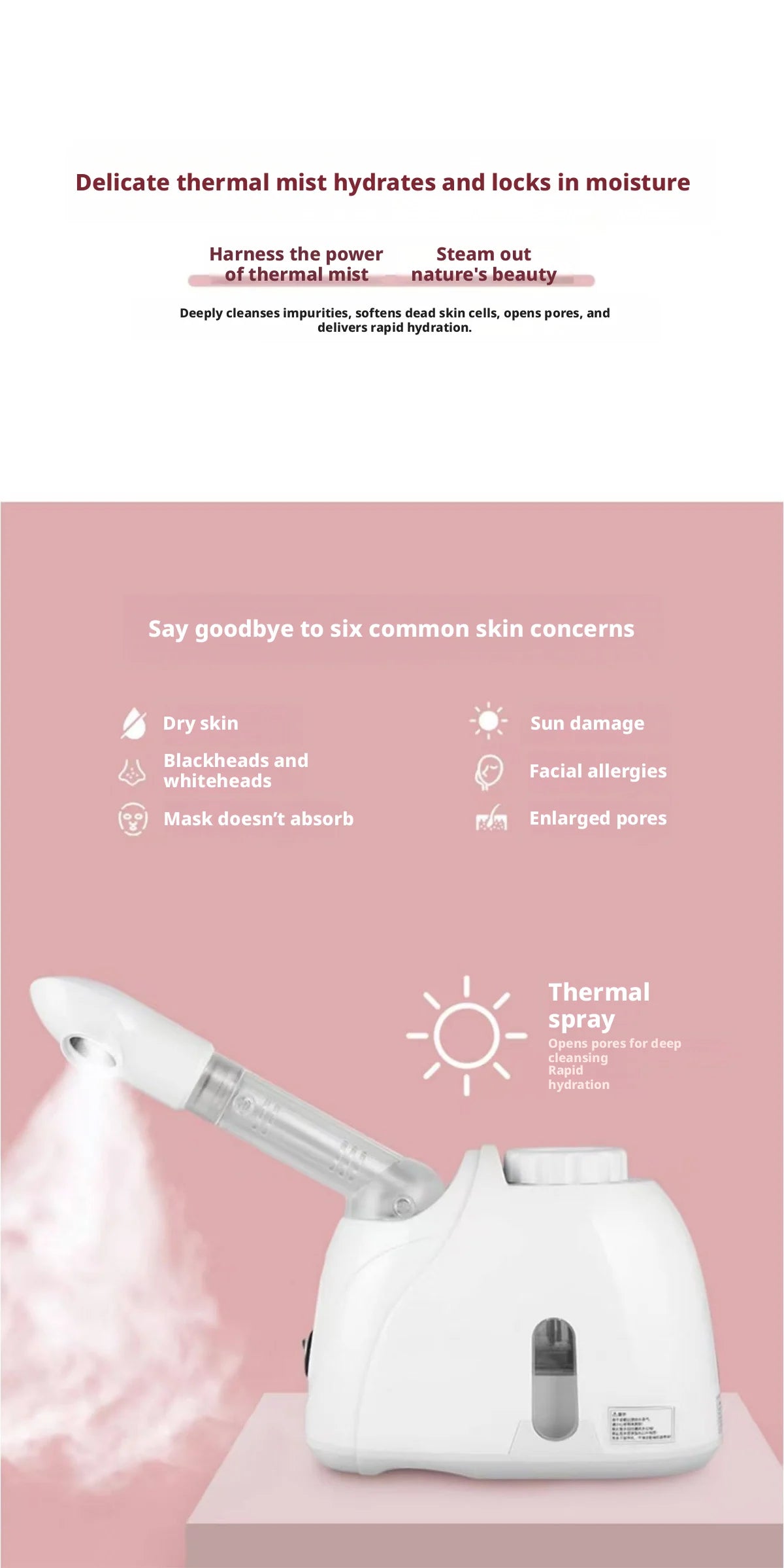 Rotating-Outlet Facial Steamer in White, 100ml Hot Steam Device with Extended Arm and Aroma Compartment for Home Beauty Routines, US or EU Options