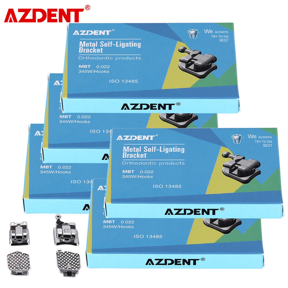 Passive Self-Ligating Brackets by AZDENT, Five Packs with First-Molar Buccal Tubes and Listed 0.022-Inch MBT or Roth Hooks 345 Options for Professional Orthodontic Selection