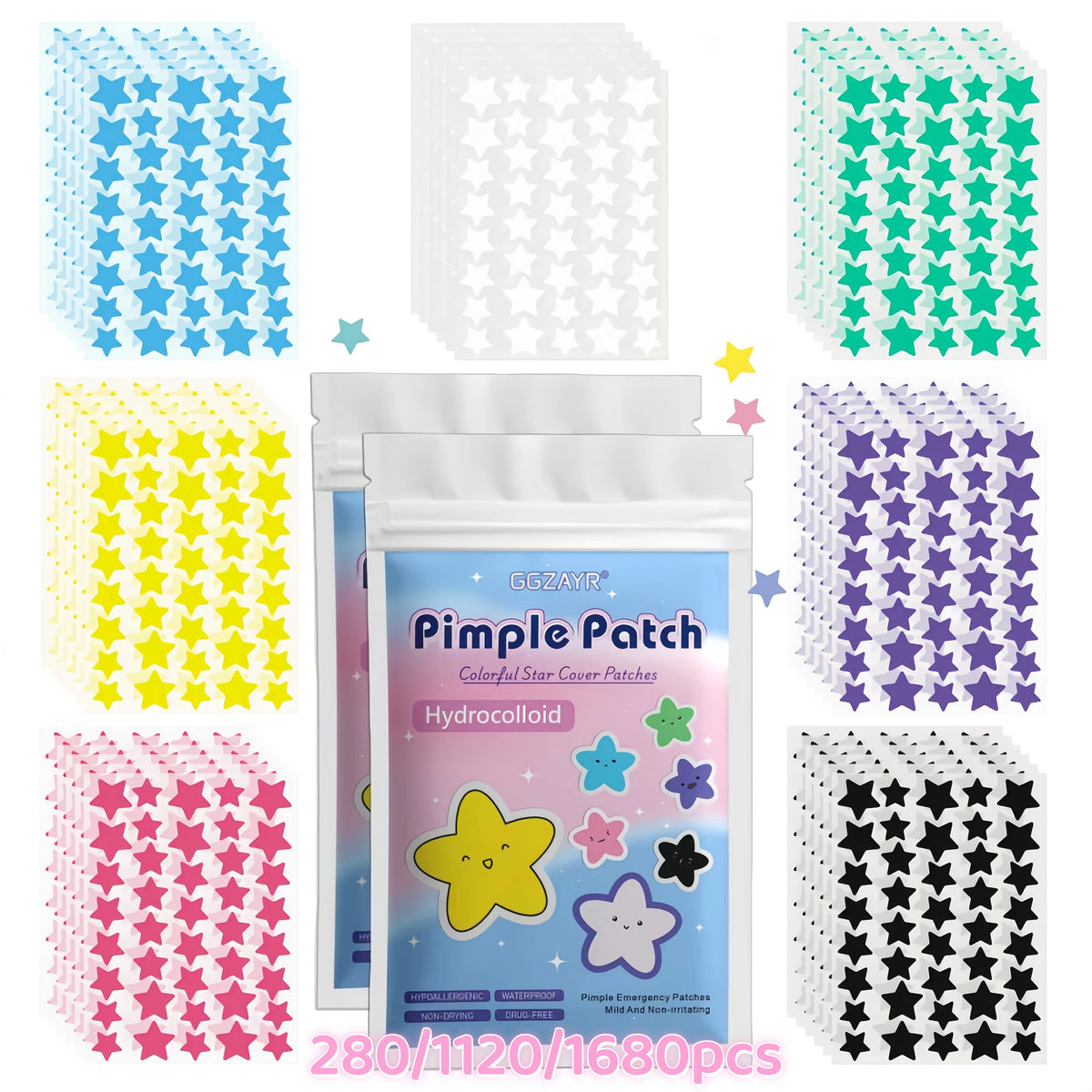 Star Pimple Patches with Listed Hydrocolloid Material, Colorful Facial Blemish Covers in Boxed 280, 1120 or 1680-Piece Options for Personal Skincare Styling