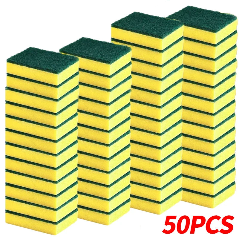 Yellow and Green Dish Sponges with Fiber Scouring Pads, Double-Sided Kitchen Cleaning Sponges in 10, 30 or 50-Piece Packs for Compatible Tableware and Pots