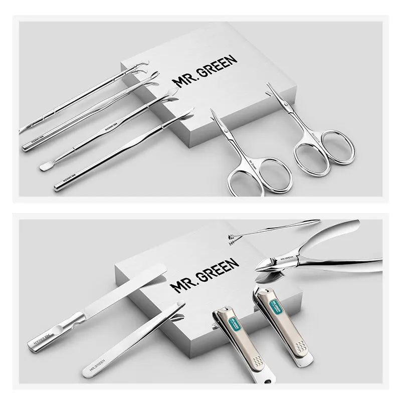12-in-1 Manicure Set by MR.GREEN, MR-6012 Stainless Steel Personal Grooming Kit with Portable Leather Case for At-Home Nail Care and Travel Organization