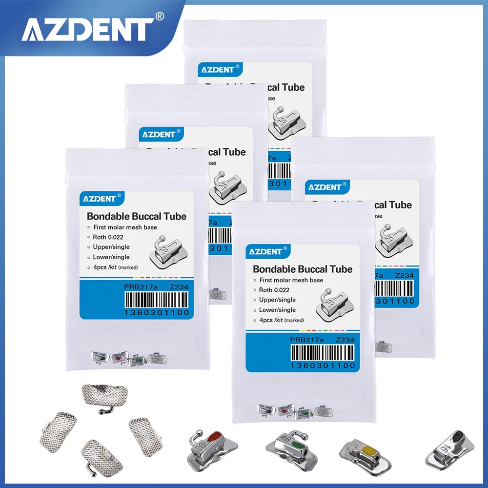 Mesh-Base Orthodontic Buccal Tubes by AZDENT, 20 Pieces in Five Kits, Bondable Non-Convertible Single Molar Tubes with Roth, MBT or Edgewise Option Labels