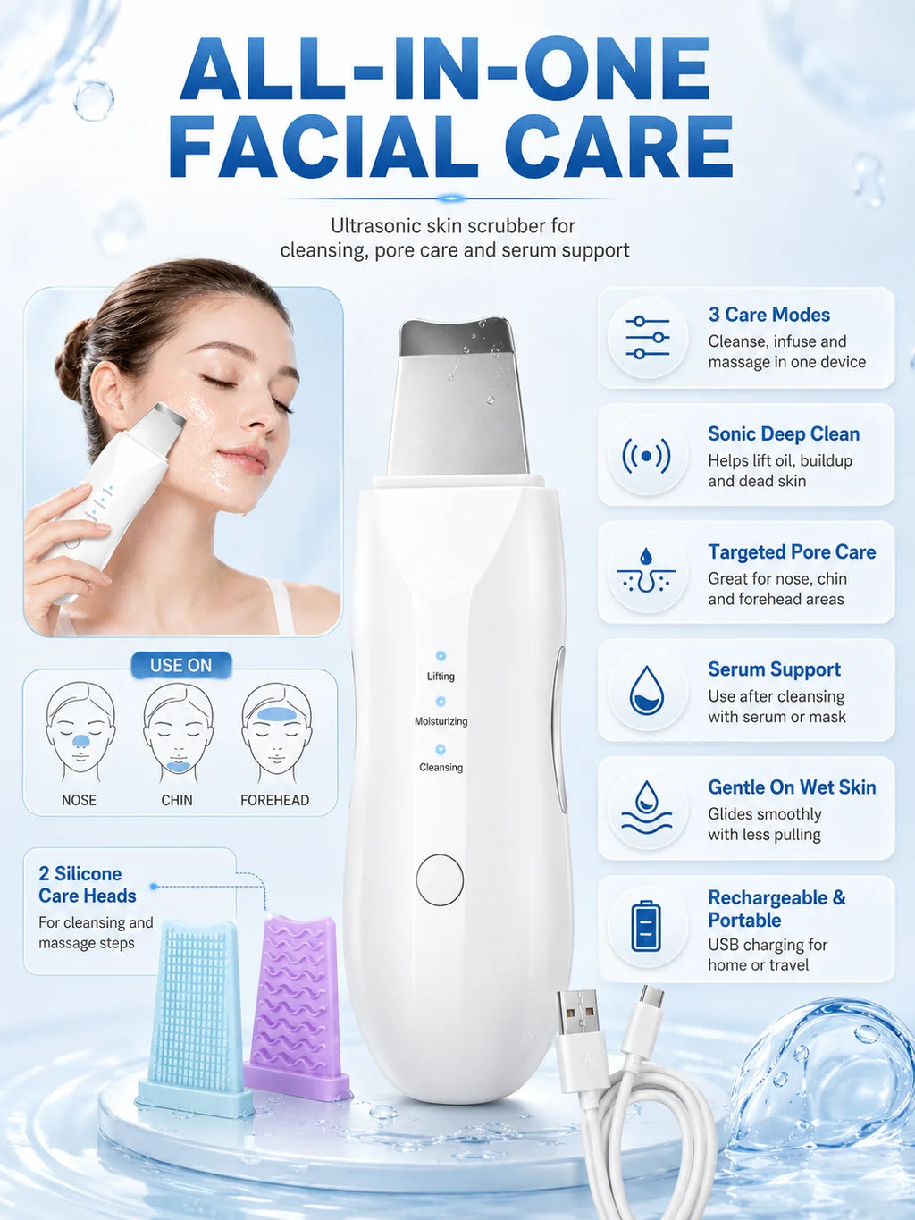 Ultrasonic Skin Scrubber for Facial Cleansing and Cosmetic Exfoliation, Adult Home Skincare Tool in Standard Color Box or Premium Version Options