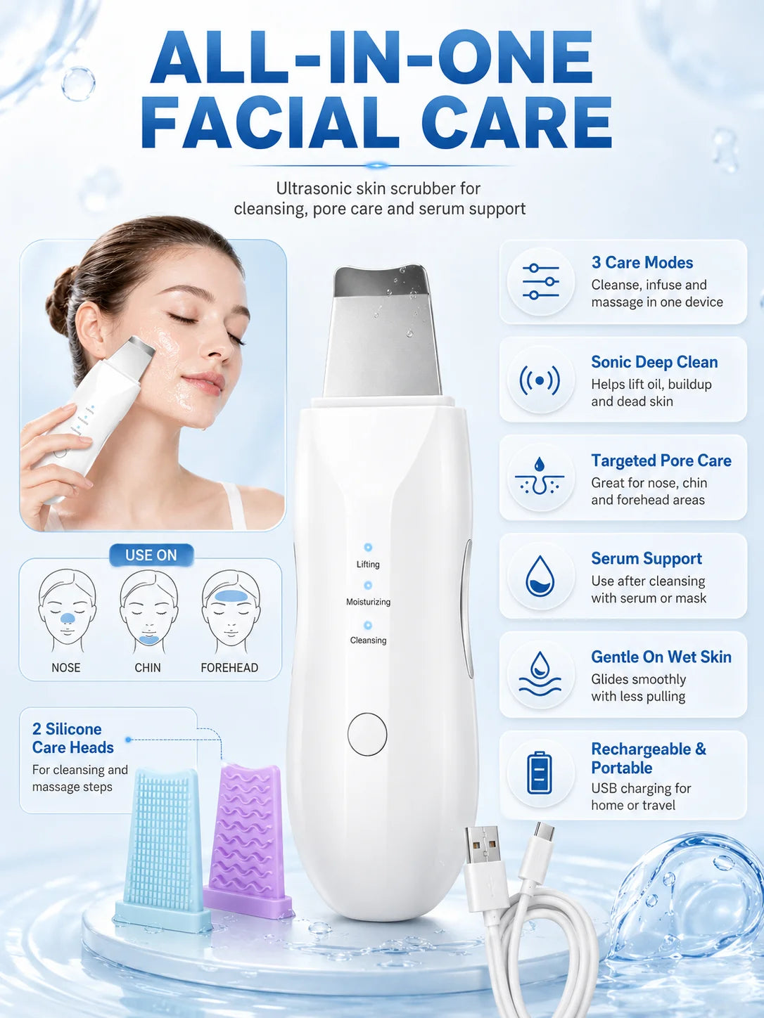 Ultrasonic Skin Scrubber for Facial Cleansing and Cosmetic Exfoliation, Adult Home Skincare Tool in Standard Color Box or Premium Version Options