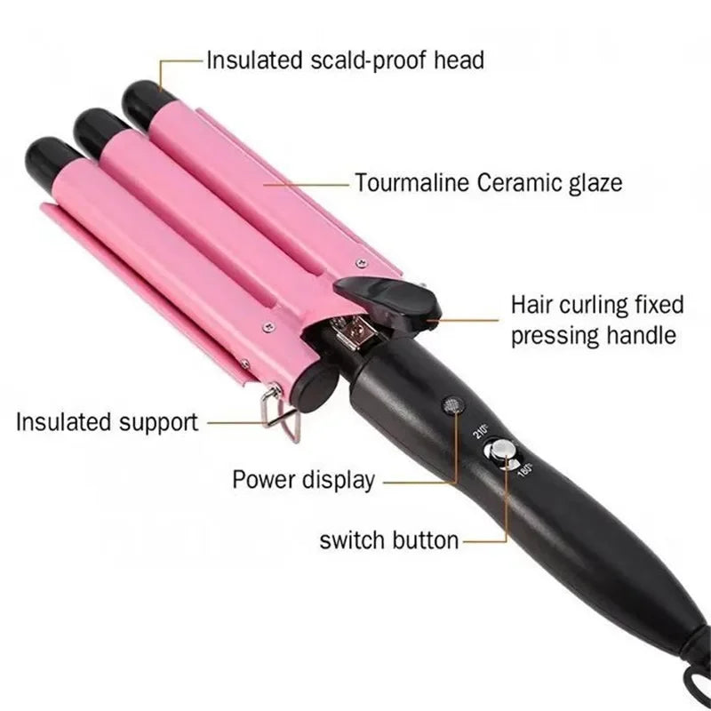 Pink Triple Barrel Hair Waver with 22mm Option Label, Ceramic Curling Iron for Women's At-Home Wave Styling and Evening Looks with US, EU or UK Plug Choices