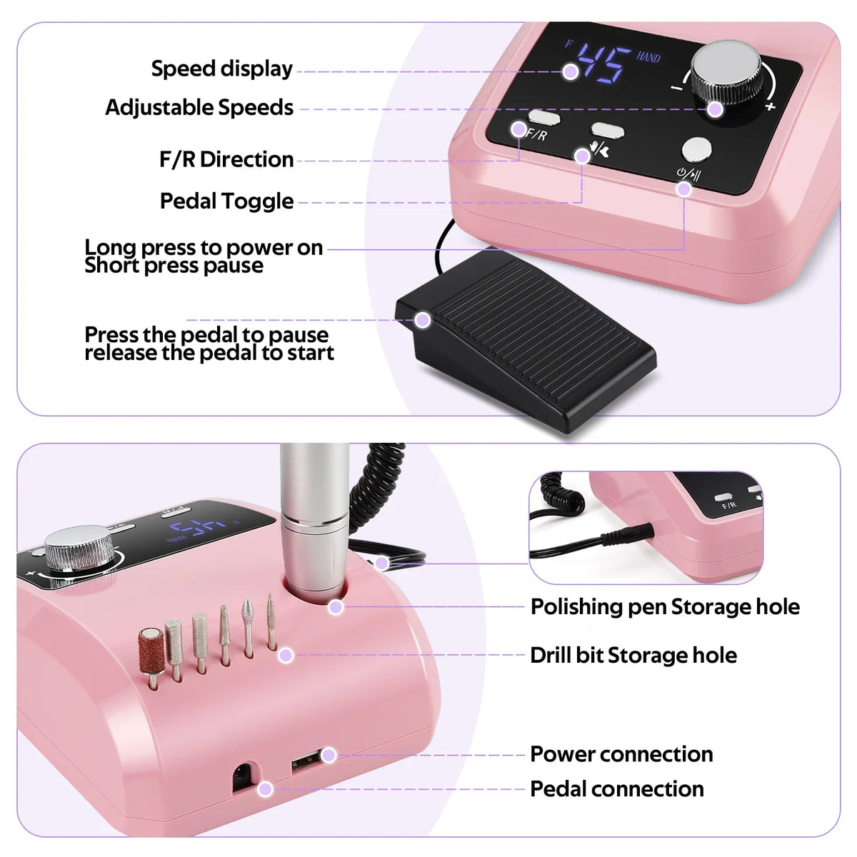 Foot-Pedal Nail Drill with Listed 45,000 RPM Adjustable Speed, Forward and Reverse Rotation, White, Black, Pink or Colorful Sets and US or EU Plug Options