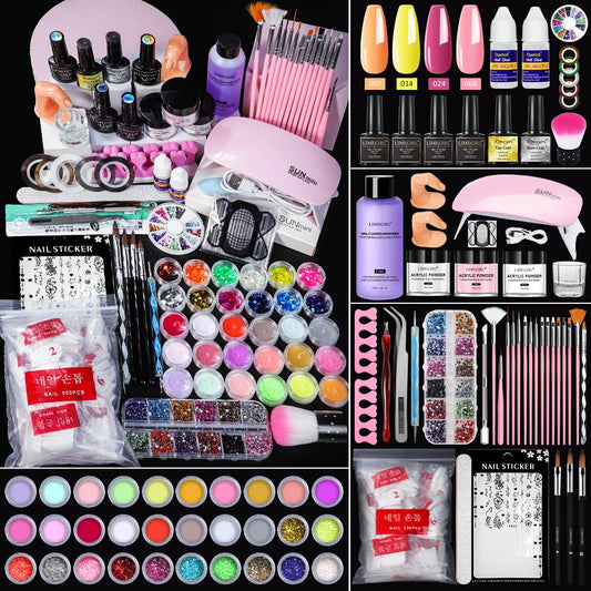 Acrylic Nail Extension Kit by LIMEGIRL, ZH440 Multicolor Powder and Manicure Tool Set with Subtle Glitter Accent References for Adult Nail Art Designs