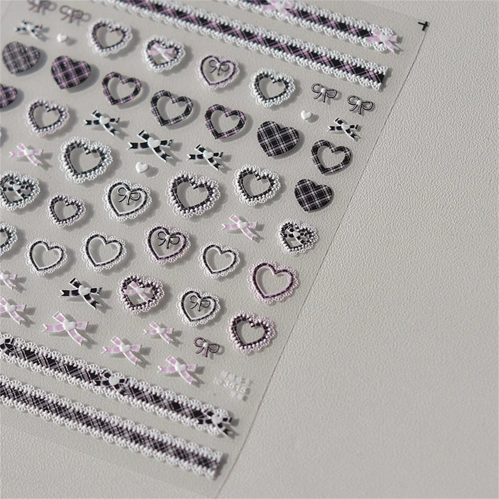 Kawaii Lace Nail Stickers, 1 Sheet of 5D Relief Self-Adhesive Bow and Red Heart Decals for Japanese-Style Wedding and Everyday DIY Manicures