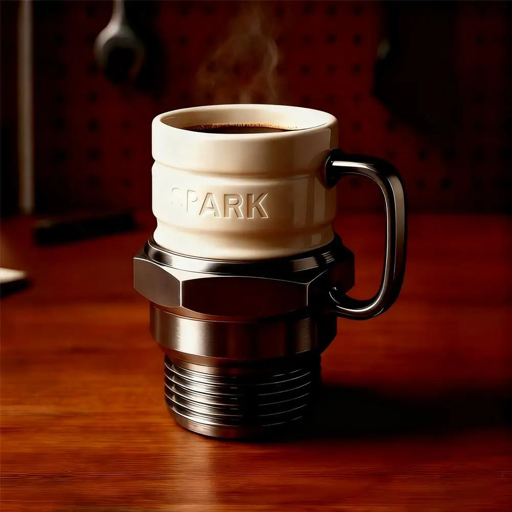 Spark Plug Coffee Mug with Resin Exterior and Stainless Steel Lining, Silvery Automotive-Themed Cup for Mechanics, Car Enthusiasts and Father's Day Gifts