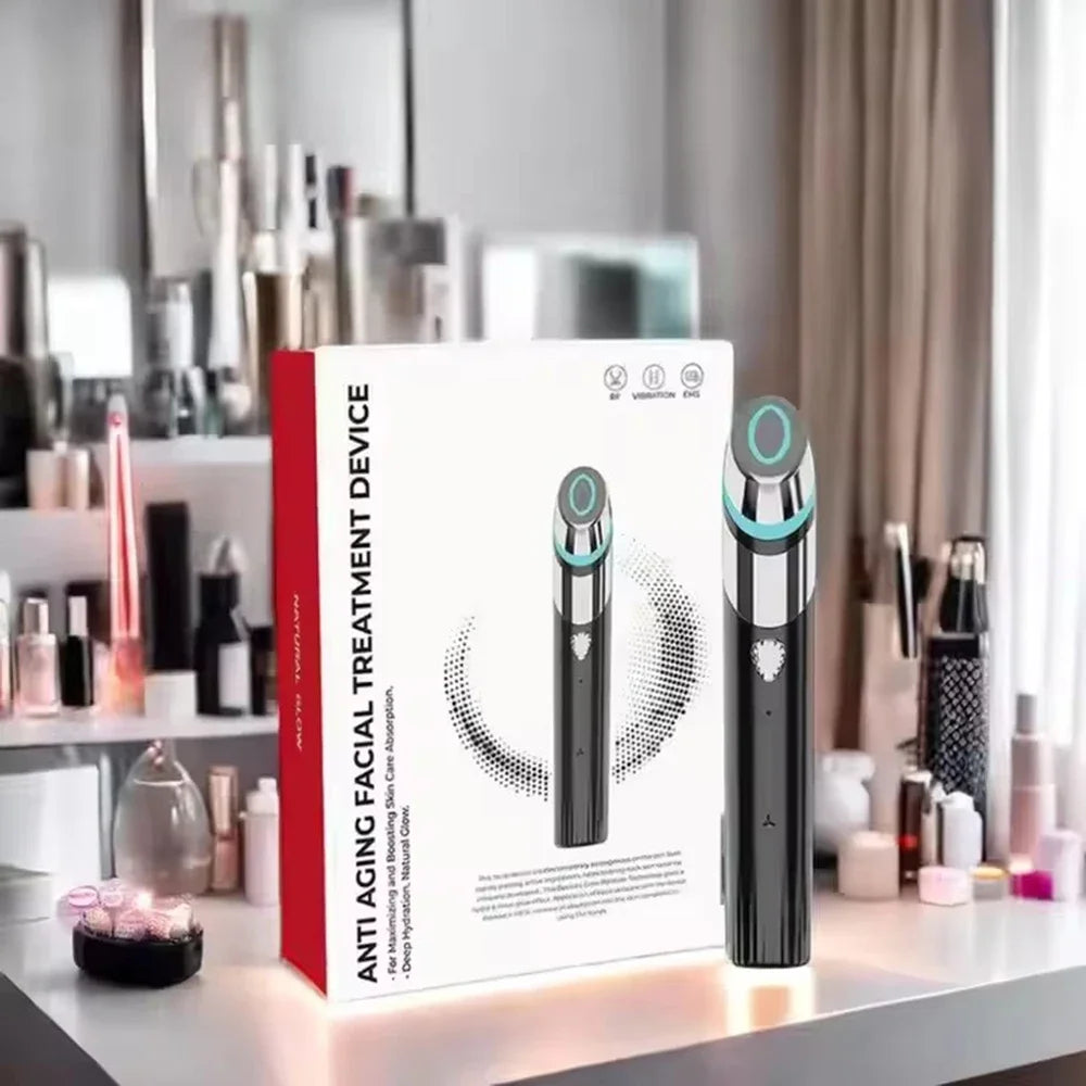 Touch-Activated Facial Care Wand with Rotating T-Bar Head, Black Rechargeable Beauty Tool with Listed Red Light, Warmth, Vibration and Microcurrent Functions