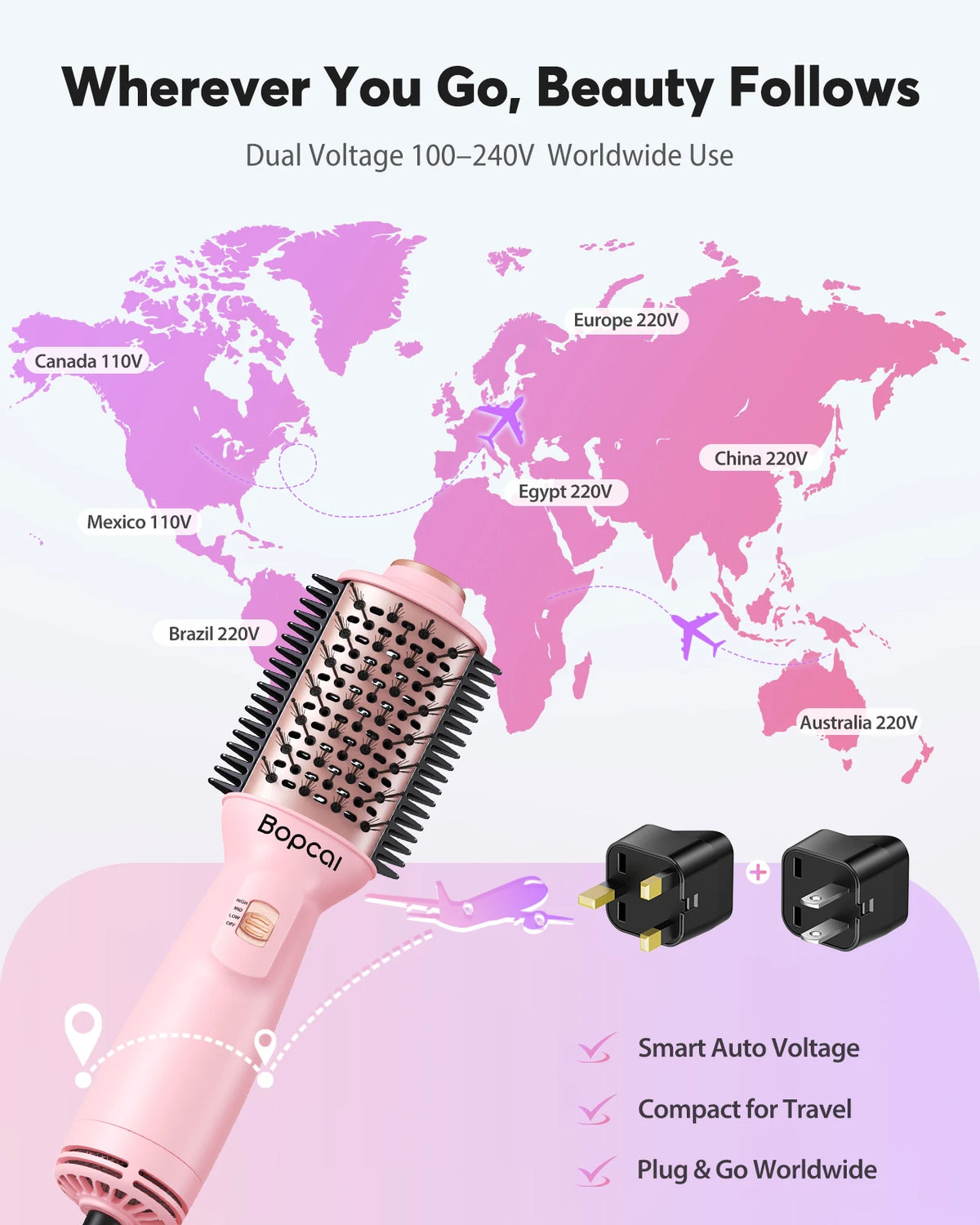 Dual Voltage Travel Hair Dryer Brush, Pink 4-in-1 Compact Hot Air Styler with Listed 100–240V Operation, Three Heat and Airflow Modes and US, EU or UK Plug Choices