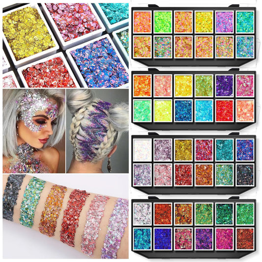 Glitter Gel Makeup Palette Options for Face and Body Art, Twelve Coded Selections with Sequin and Holographic References for Festival, Carnival and Stage Looks