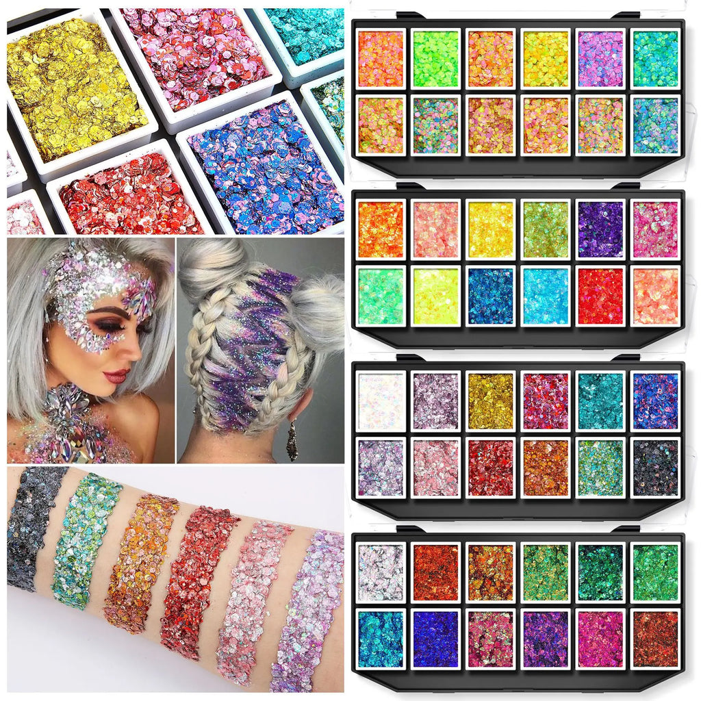 Glitter Gel Makeup Palette Options for Face and Body Art, Twelve Coded Selections with Sequin and Holographic References for Festival, Carnival and Stage Looks