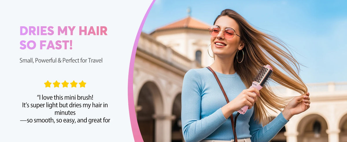 Dual Voltage Travel Hair Dryer Brush, Pink 4-in-1 Compact Hot Air Styler with Listed 100–240V Operation, Three Heat and Airflow Modes and US, EU or UK Plug Choices