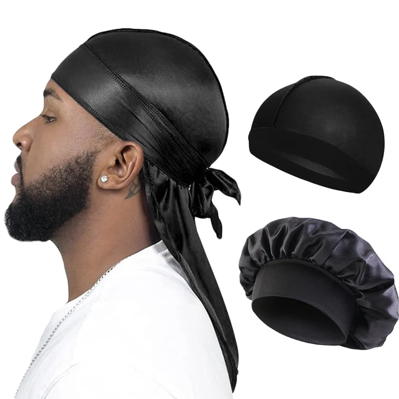 Long Tail Durag with Satin Bonnet and Dome Cap References, Polyester Adult One-Size Headwear in Seven Colors with Three-Piece Lot Wording for Unisex Styling
