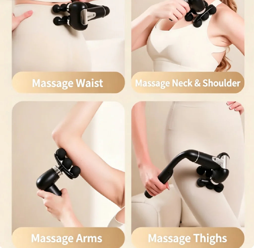 Six-Ball Massage Gun with Curved Long Handle, Adjustable Vibration and Listed USB-C Rechargeable Design, Black or Grey Handheld Massager for Personal Home Routines