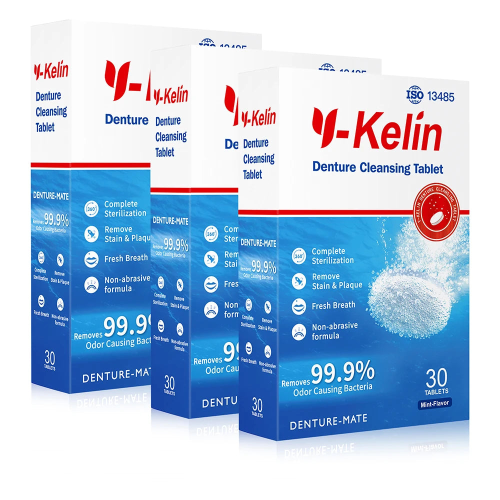 Denture Cleaning Tablets by Y-Kelin, 30, 60 or 90 Tablet Options for Full and Partial Denture Soaking and Compatible Removable Retainer Care