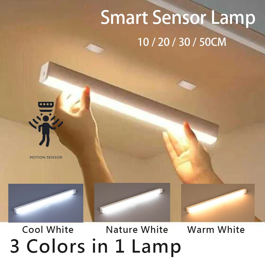 USB Rechargeable Motion Sensor Light Bar with Magnetic Mounting, Cordless LED Cabinet Lamp in 10, 20, 30 or 50cm Lengths with White Lighting Options