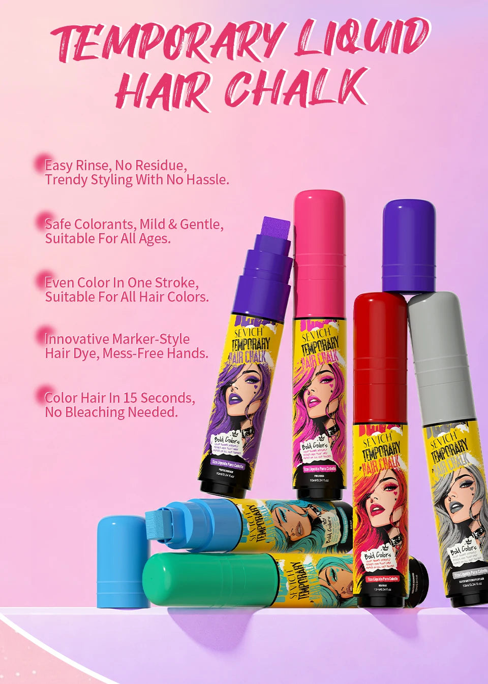 Temporary Hair Color Chalk for Washable Highlights, 10ml Single-Color and Six-Color Set Options for Halloween, Cosplay and Holiday Party Styling