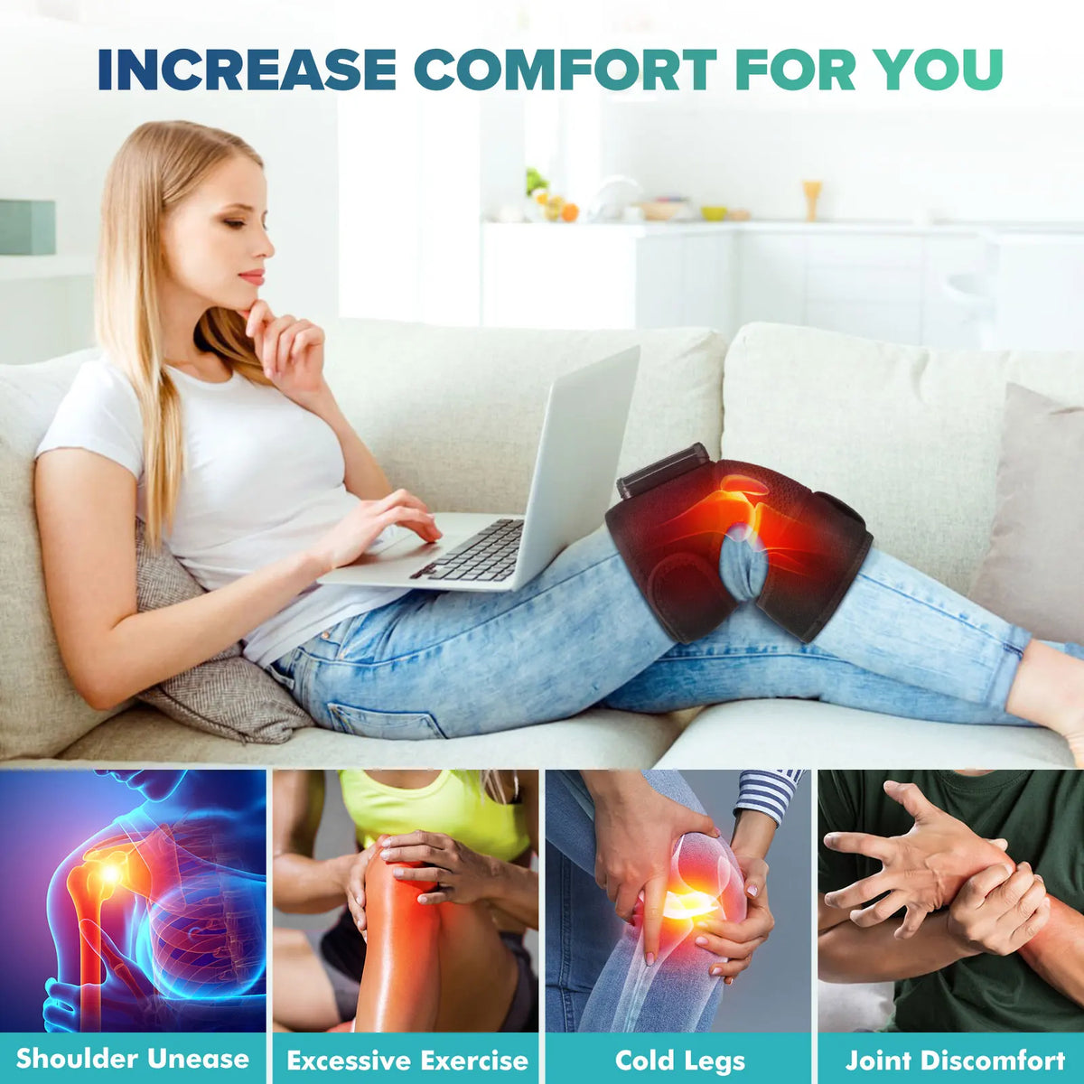 Rechargeable Heated Knee Wrap with Vibration, Listed 4000mAh Battery, Three Heat and Three Massage Levels with Straps for Knee, Shoulder or Elbow Use
