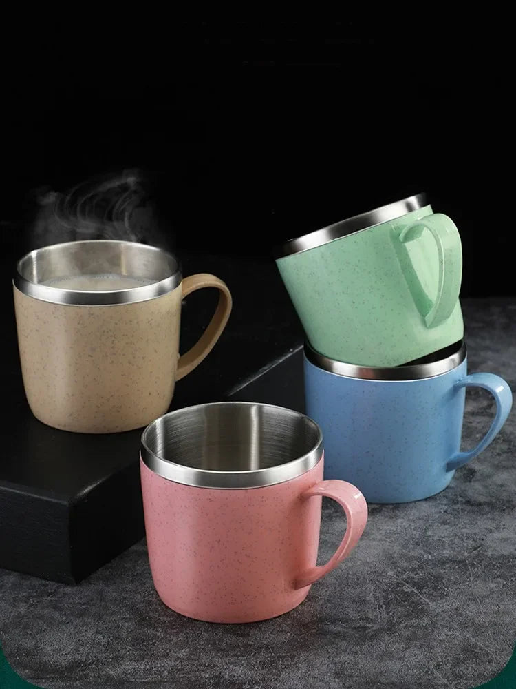 220ml Stainless Steel Mug with Plastic Handle and Double-Layer Design, Single Coffee, Tea and Milk Cup in Blue, Green, Pink or Beige for Home and Office