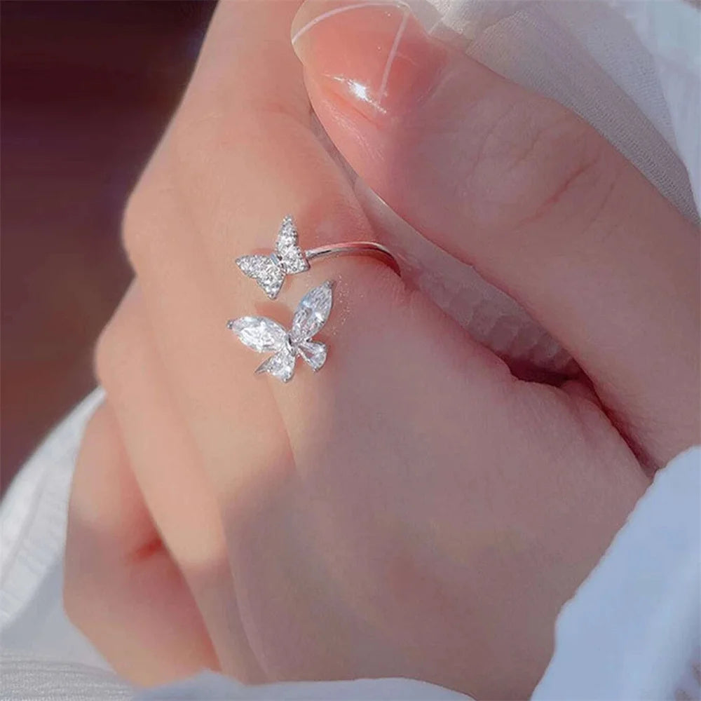 Butterfly Ring for Women with Adjustable Open Band and Silver-Color Finish, NJ-926 Fashion Jewelry for Casual Outfits, Party Looks and Gift Selection