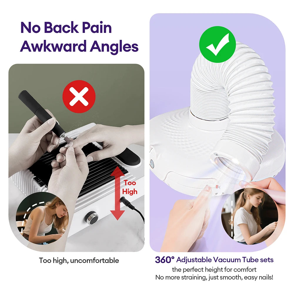 Extendable Tube Nail Dust Collector with LED Light, Three Speed Settings and Two Filters, Grey Plug-In Manicure Vacuum with US, EU or UK Plug Options