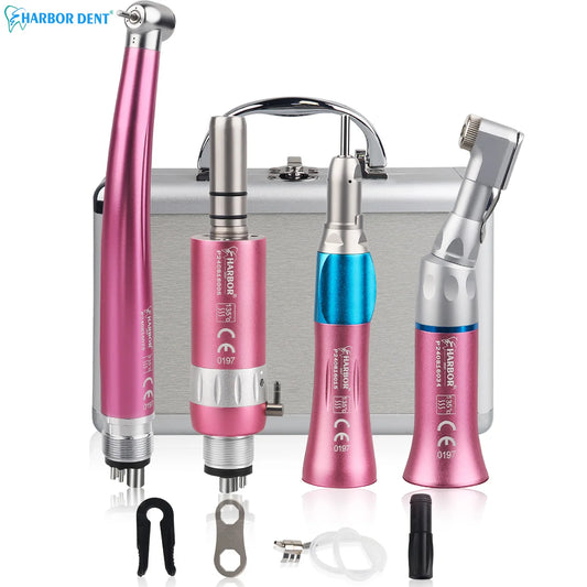 Dental Handpiece Set, 4-Piece High and Low Speed Air Turbine Kit with Straight Handpiece, Contra Angle and Air Motor, 2 or 4 Hole Options