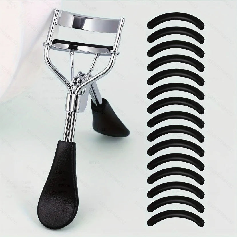 Stainless Steel Eyelash Curler with 15 Silicone Pads, Portable Lash Curling Tool in Seven Color Options for Everyday Makeup and Travel Beauty Kits