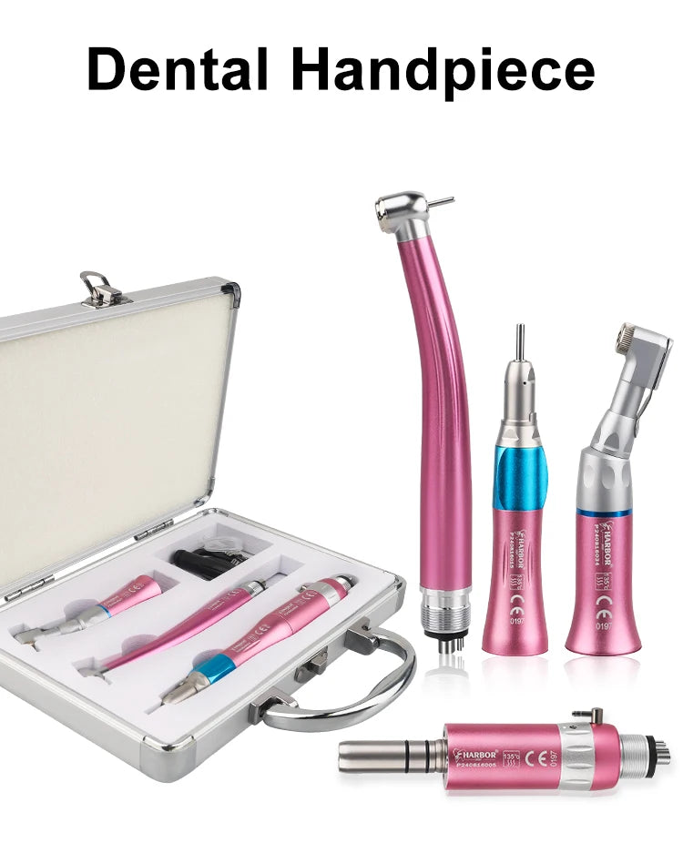 Dental Handpiece Set, 4-Piece High and Low Speed Air Turbine Kit with Straight Handpiece, Contra Angle and Air Motor, 2 or 4 Hole Options