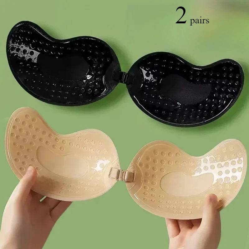 Backless Strapless Adhesive Bra for Women with Silicone Cups and Front Closure, Reusable Wire-Free Design in Black or Skin Tone, A–D Sizes