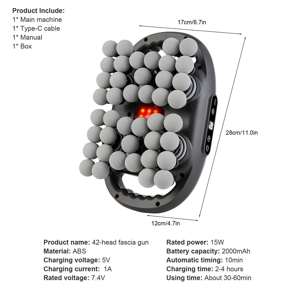 42-Head Body Massage Gun with Nine Modes and Nine Intensity Levels, Listed 2000mAh Battery, Type-C Charging and 10-Minute Timer in White or Black