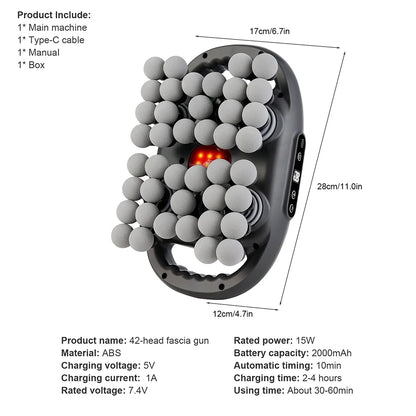 42-Head Body Massage Gun with Nine Modes and Nine Intensity Levels, Listed 2000mAh Battery, Type-C Charging and 10-Minute Timer in White or Black
