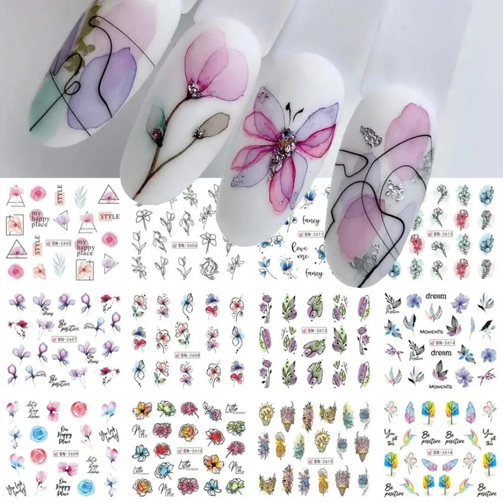 Water Transfer Nail Decals, BN2605-2616 Nail Art Slider Stickers for DIY Manicure Decoration, At-Home Styling and Seasonal Nail Design Ideas