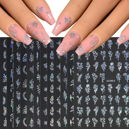 Gold Leaf Nail Stickers, 12-Piece Metallic 3D Floral Self-Adhesive Nail Art Decal Set for Botanical DIY Manicures, Party Styling and Salon Decoration