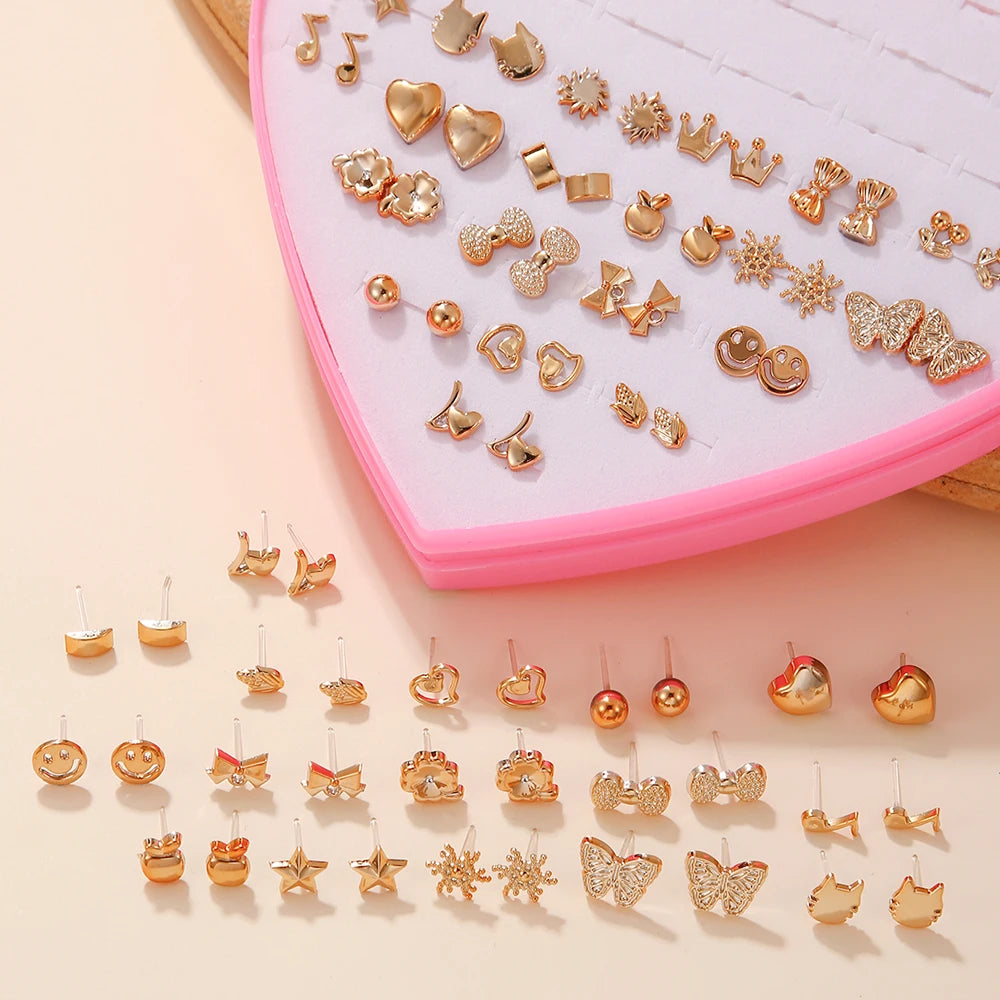 Resin Stud Earrings 36-Pair Random Assortment with Push-Back Closures, Cat, Butterfly and Snowflake Design References for Women's Everyday Fashion