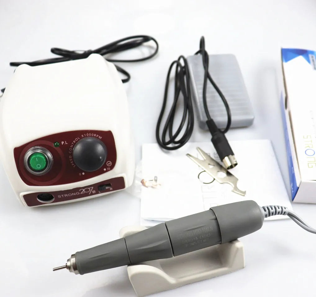 Electric Manicure Drill Kit with Listed 65W Power and 50,000 RPM Maximum, Handpiece, Foot Switch and Six Bits, 207 PRO 105LN or 207 SILVER Options