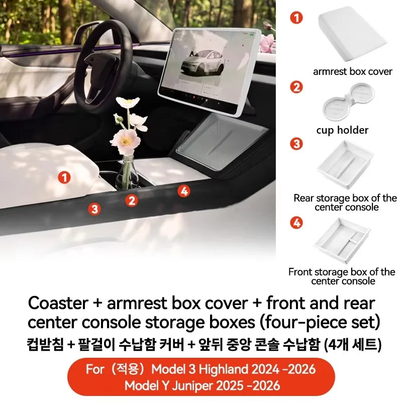 Armrest Cover for Tesla Interior Styling with TPE White, TPE Black and TPU Black Options, Model Y Juniper, YL and Model 3 Highland Labels and Bundle Choices