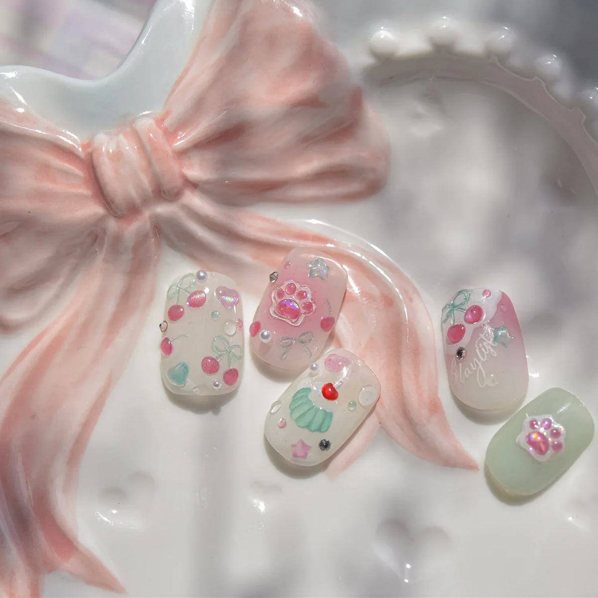 Jelly Nail Art Stickers with Cat Claw, Cherry and Bow Themes, Shiny 5D Self-Adhesive Nail Decals in TO5082 or TO5083 Styles for DIY Manicures
