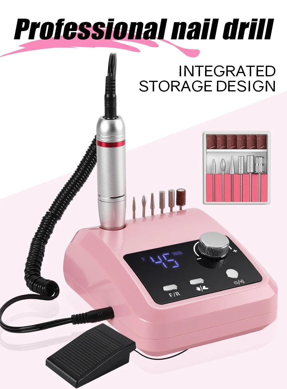 Foot-Pedal Nail Drill with Listed 45,000 RPM Adjustable Speed, Forward and Reverse Rotation, White, Black, Pink or Colorful Sets and US or EU Plug Options