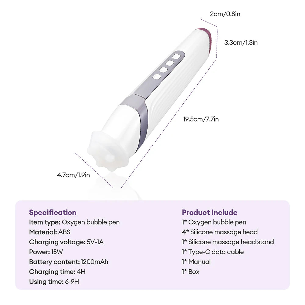 Four-Head Bubble Facial Pen in White with Silicone Massage Tips, Five Vibration and Spin Levels, Eight LED Modes and Type-C Rechargeable Design