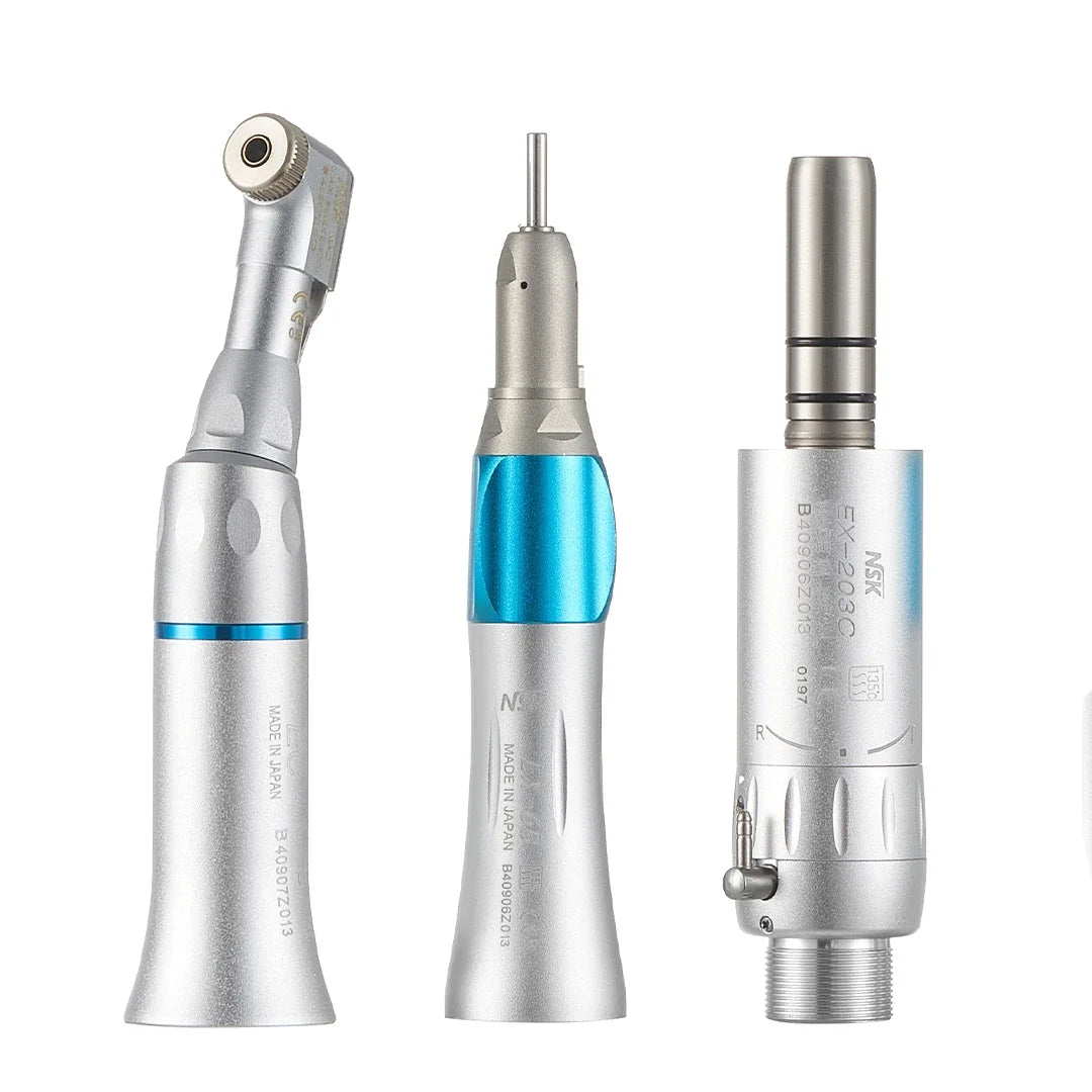 Low Speed Contra Angle Dental Handpiece with 1:1 Direct Drive, Wrench and Manual, 2 or 4 Hole Set Labels and Six Color Options for Professional Use