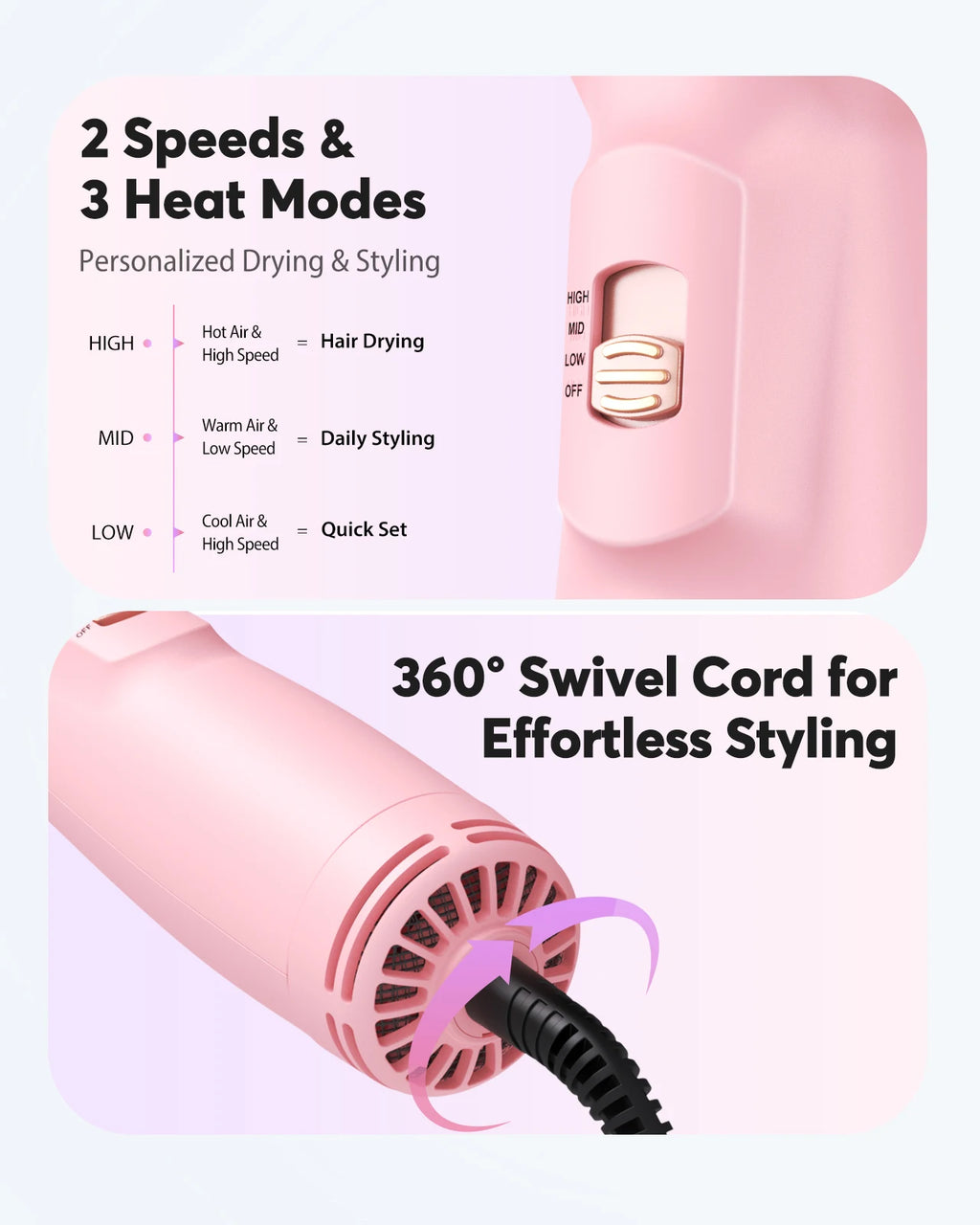 Dual Voltage Travel Hair Dryer Brush, Pink 4-in-1 Compact Hot Air Styler with Listed 100–240V Operation, Three Heat and Airflow Modes and US, EU or UK Plug Choices