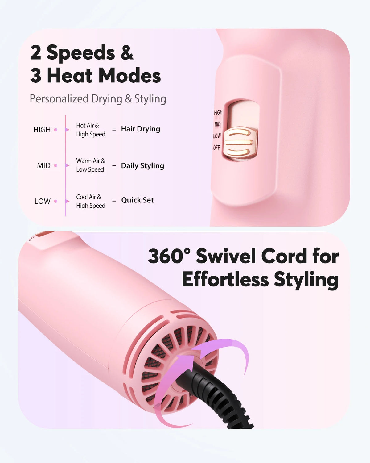 Dual Voltage Travel Hair Dryer Brush, Pink 4-in-1 Compact Hot Air Styler with Listed 100–240V Operation, Three Heat and Airflow Modes and US, EU or UK Plug Choices